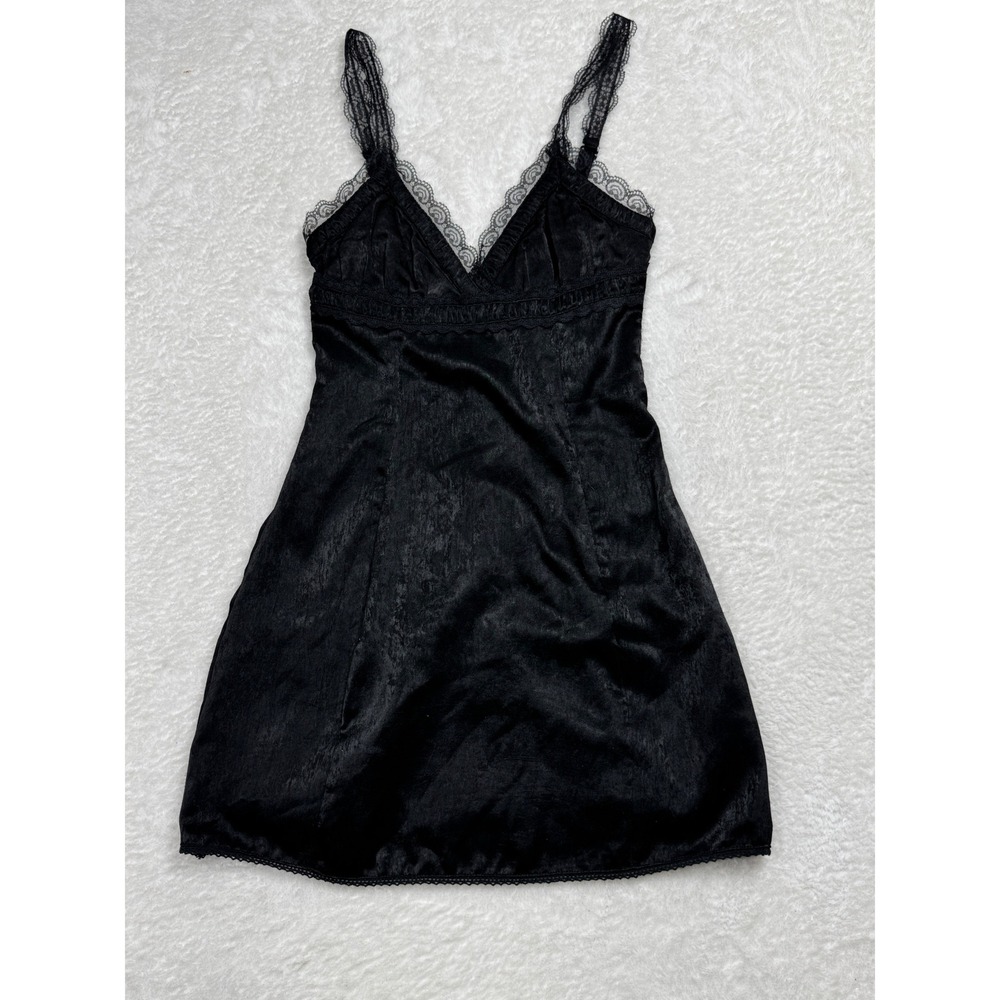 Urban Outfitters Black Satin Lace Trim Slip Dress Mini Lace Up Back XS
